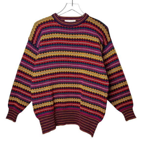 Vintage Wool Oversized Women’s Crew Neck Chunky Striped Grandpa Sweater Sz L - Picture 1 of 11